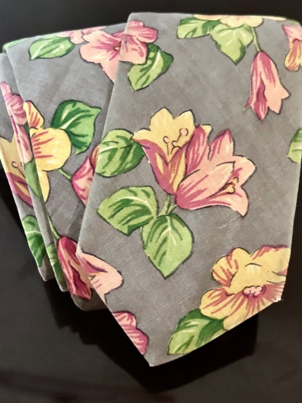 KENZO Floral Neckwear Tie Gray Pink Necktie Vintage VTG Trumpet Lilies Rare - Picture 6 of 6